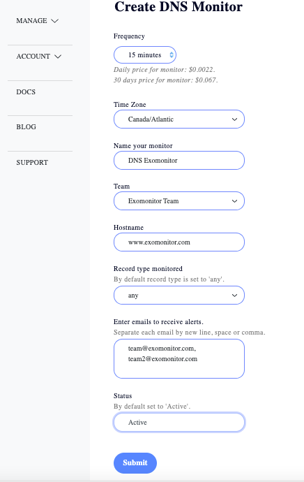 Exomonitor DNS monitor form example