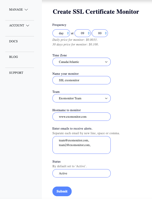 Exomonitor SSL monitor form example