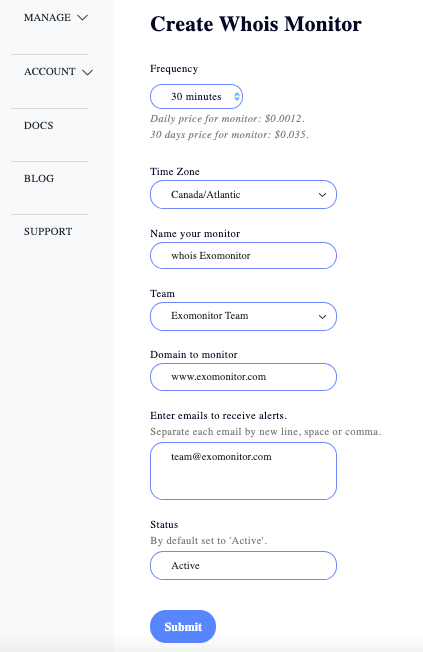 Exomonitor DNS monitor form example