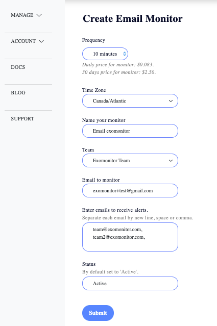 Exomonitor email monitor form example