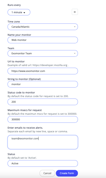 Exomonitor DNS monitor form example