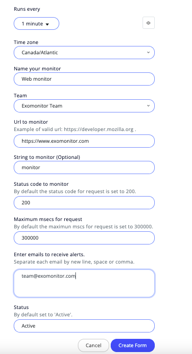 Exomonitor DNS monitor form example